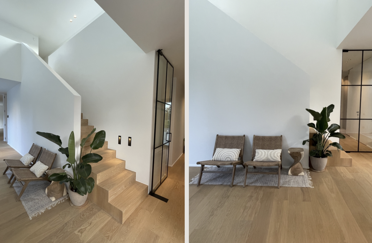 Inkomhal met strakke lijnen en warme afwerking – SFAR interieur & architecten Limburg of Hasselt