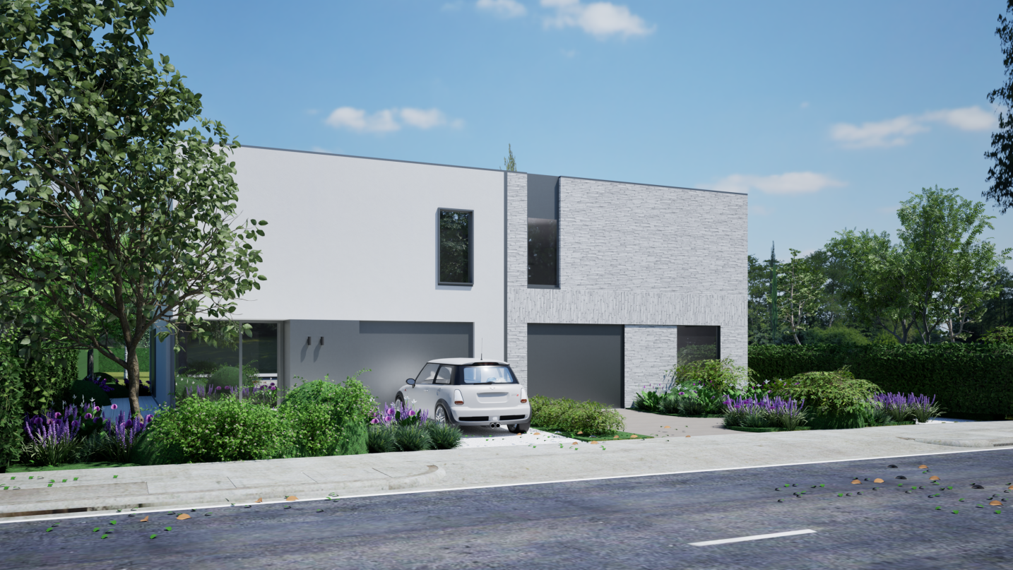 Strakke gevels met subtiele variatie tussen beide woningen – SFAR interieur & architecten Hasselt
