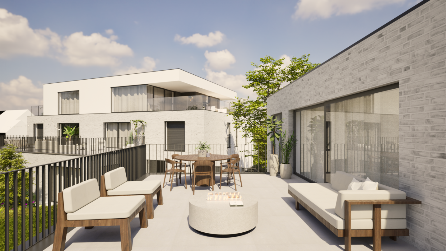 Moderne appartementsarchitectuur met warme materialisatie en dieptewerking – SFAR interieur & architecten Limburg