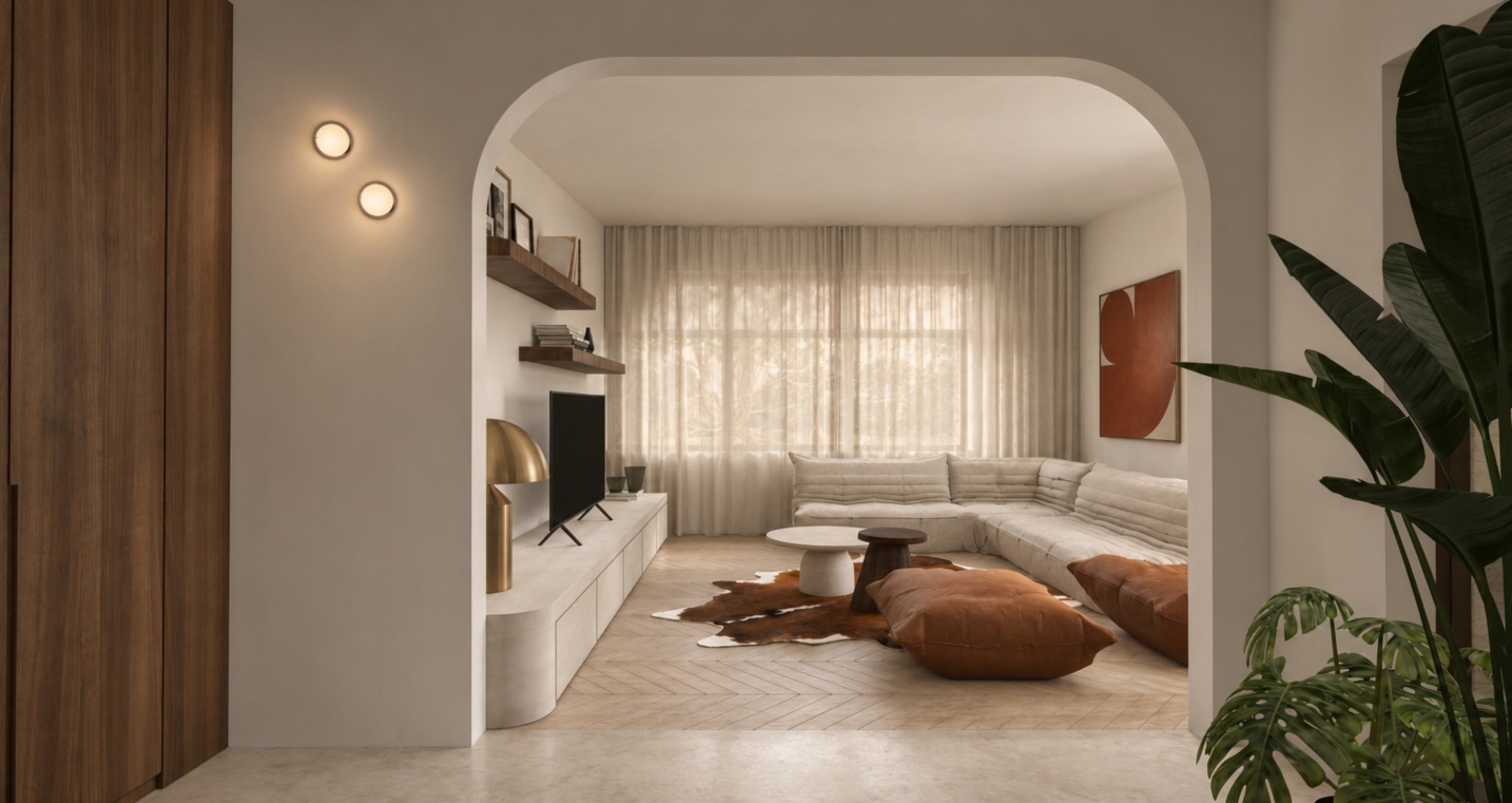 leefruimte verbouwing mid century design zitkamer togo sfar architecten